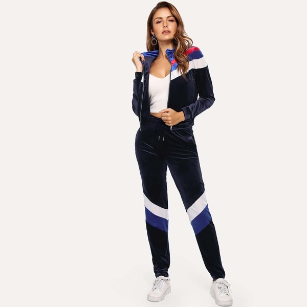 

Velvet Colorblock Jacket & Drawstring Waist Pants, Navy
