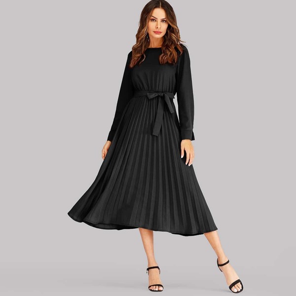 

Solid Keyhole Back Belted Pleated Dress, Black