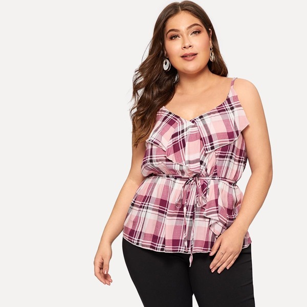 

Plus Plaid Ruffle Trim Self-tie Cami Top