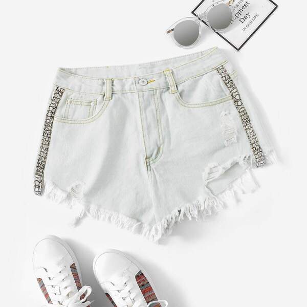 

Ripped Raw Hem Denim Shorts, Blue