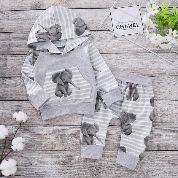 

Toddler Boy Elephant Print Striped Hoodie With Pants