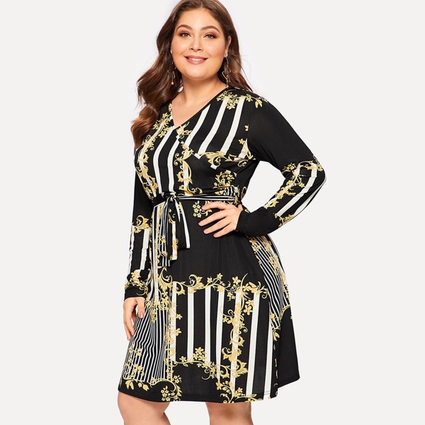 Plus Surplice Neck Ornate and Striped Knot Dress