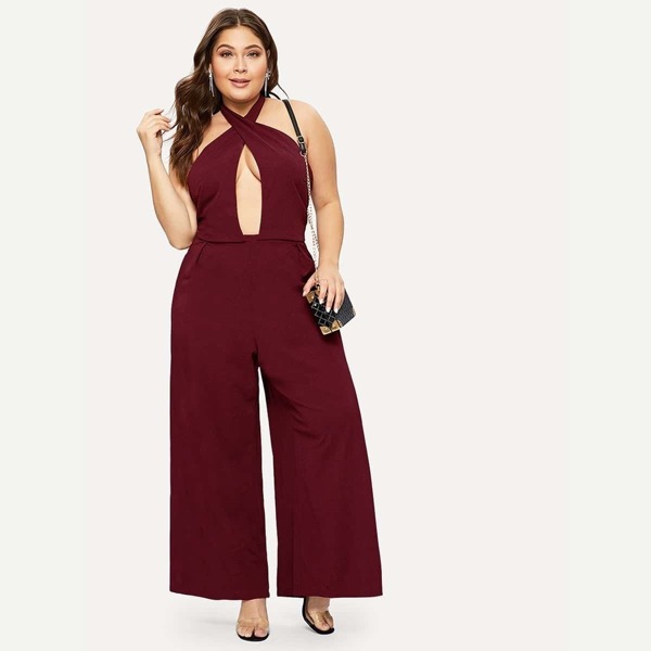 

Plus Open Back Crisscross Halted Solid Jumpsuit, Burgundy