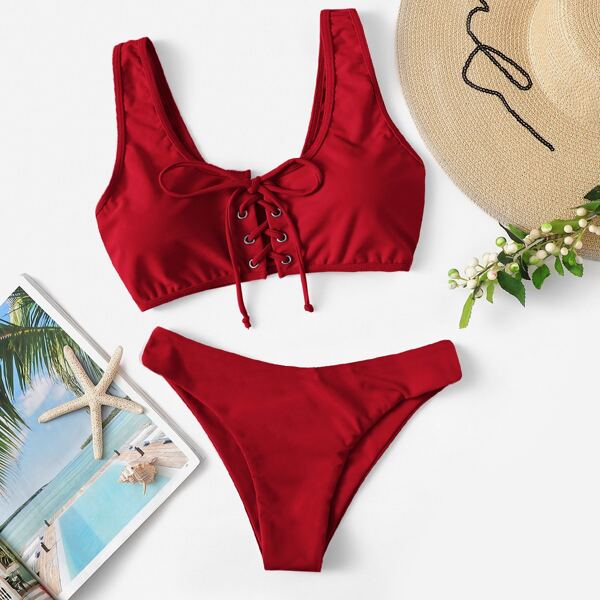 

Топ с кулиской и бикини комплект, Красный