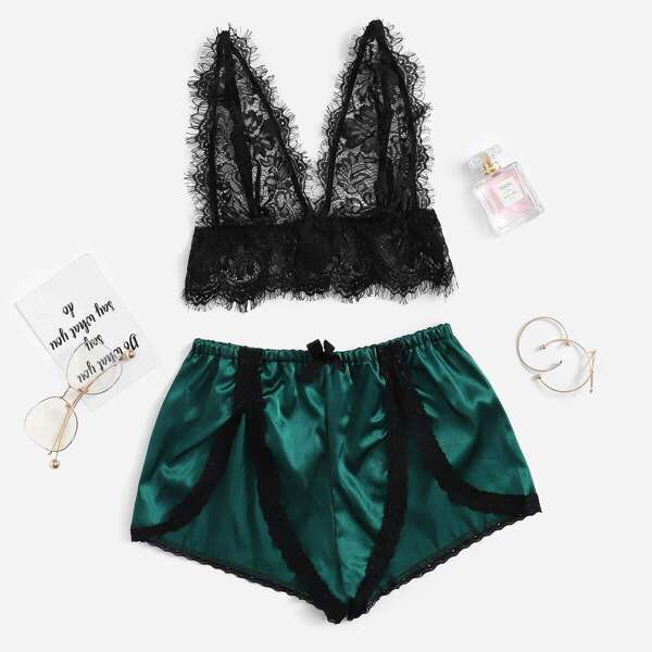 

Contrast Lace Satin Lingerie Set