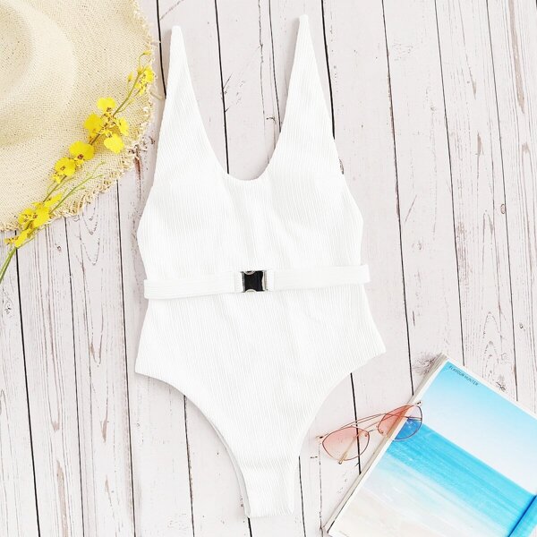 

Ribbed Belted Low Back One Piece Swim, White