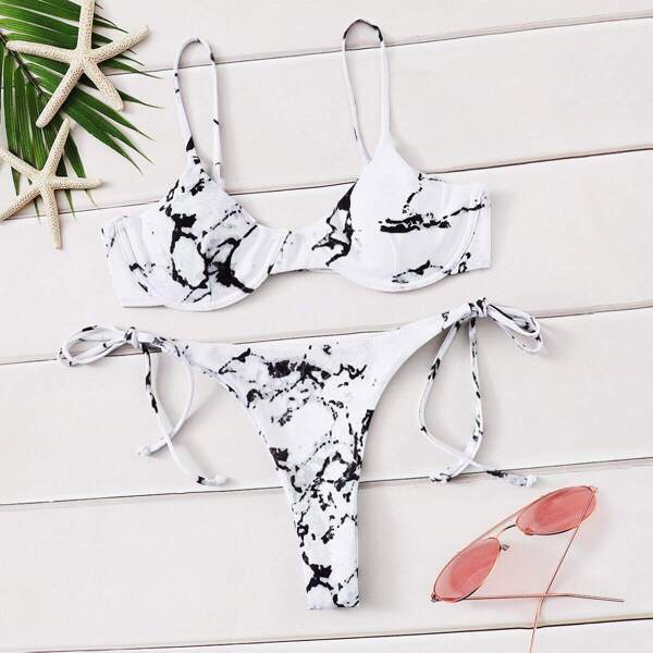 

Marble Print Underwire Top With Tie Side Bikini