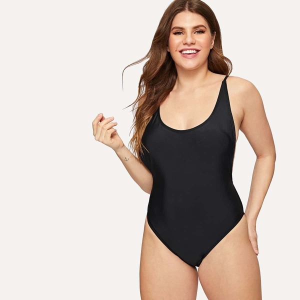 

Plus Open Back Scoop Neck One Piece Swimwear, Black
