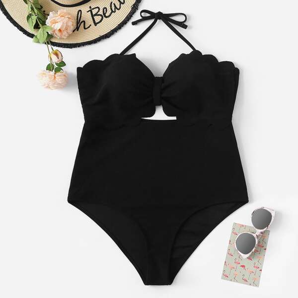 

Plus Scalloped Trim Halter One Piece Swimsuit, Black