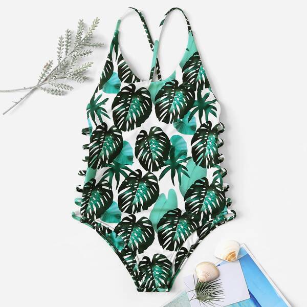 

Plus Tropical Criss Cross Ladder Cut-out One Piece Swim