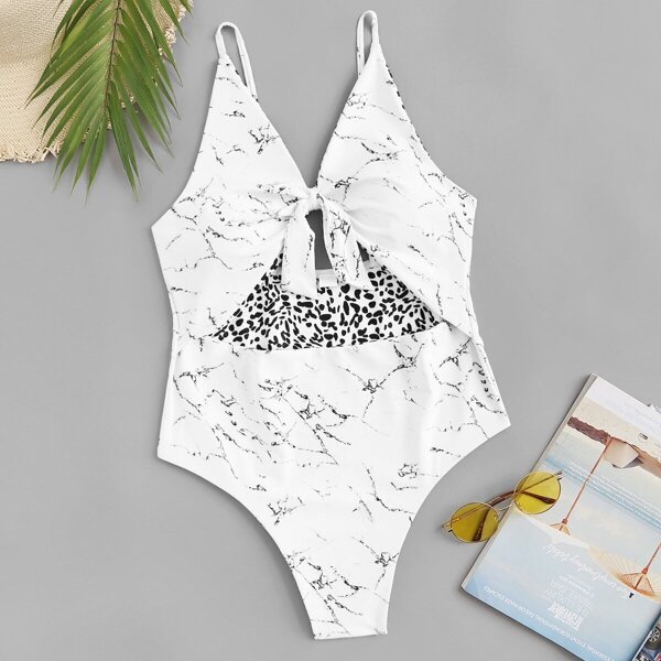 

Plus Marble Print Cut-out Low Back One Piece Swimwear, White