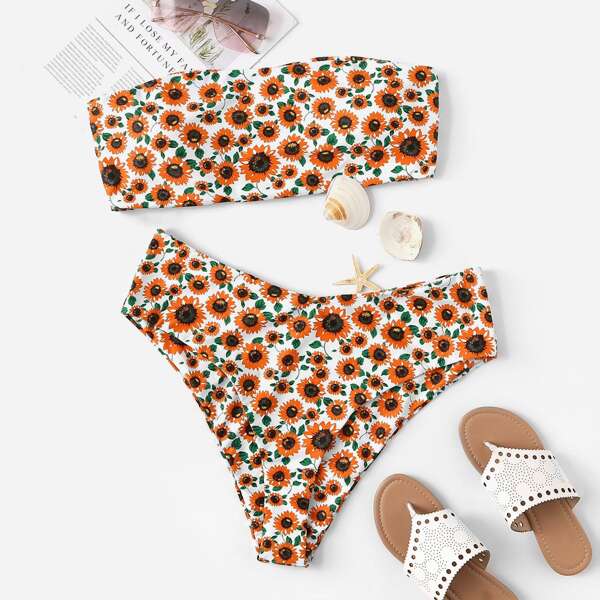 

Plus Floral Bandeau With High Waist Bikini, Multicolor