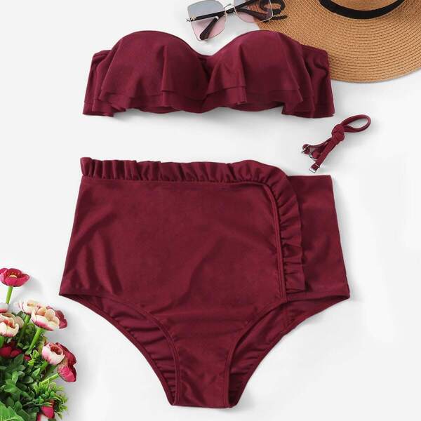 

Plus Ruffle Bandeau With Frill Trim High Waist Bikini, Burgundy