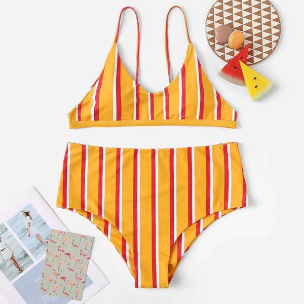

Plus Striped High Waist Bikini Set