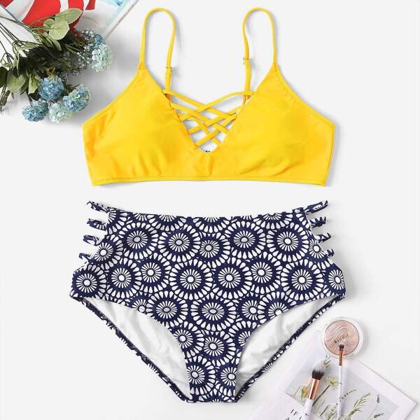 

Plus Lattice Top With Graphic Print Ladder Cut-out Bikini, Multicolor