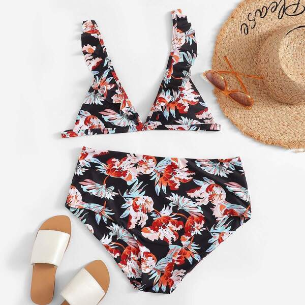 

Plus Floral Ruffle Top With High Waist Bikini