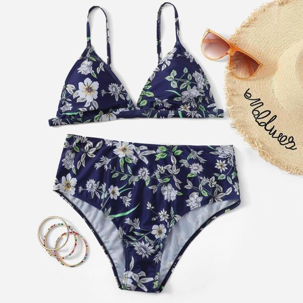 Plus Flower Print High Waist Bikini Set
