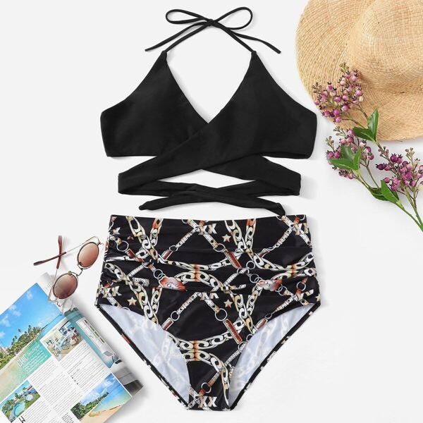 

Plus Wrap Halter Top With Chain Print Bikini