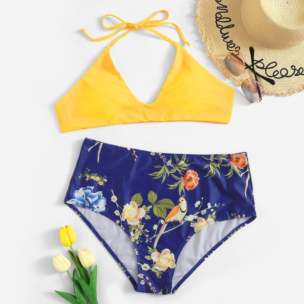 

Plus Flower & Bird Print High Waist Bikini