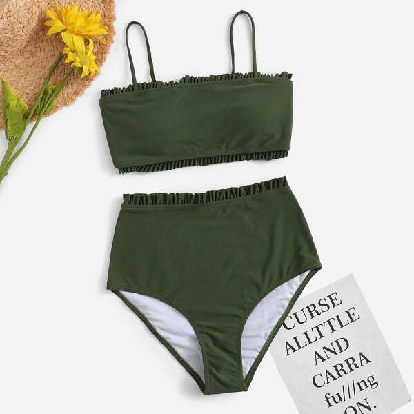 

Lettuce Trim High Waisted Bikini Swimsuit, Army green