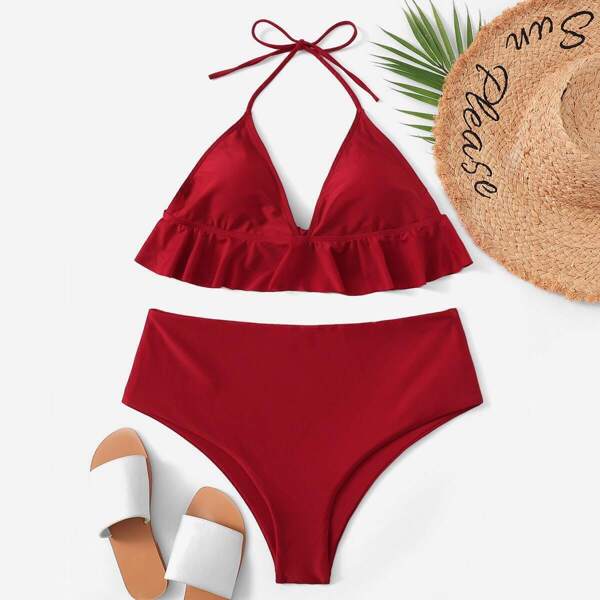 

Plus Ruffle Halter Top With High Waist Bikini, Red