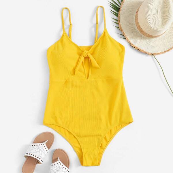 

Plus Ribbed Knot Front One Piece Swimsuit, Yellow