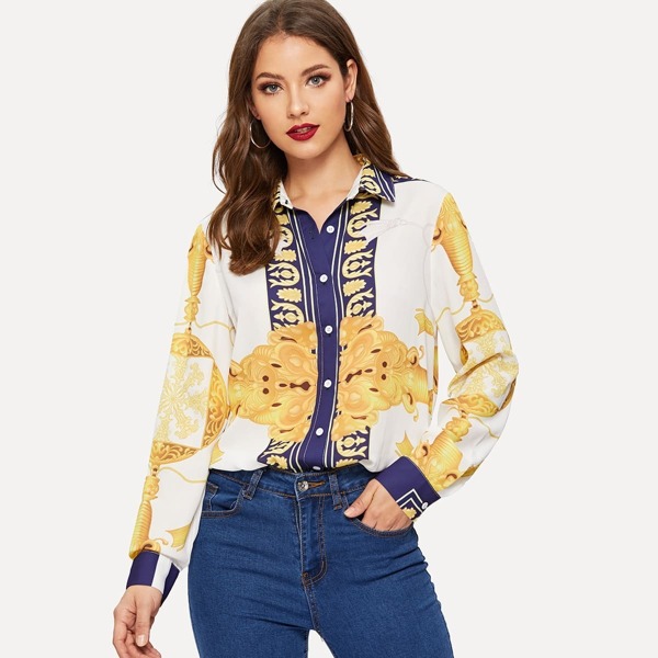 

Color Block Scarf Print Shirt