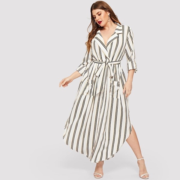 

Plus V-neck Tie Waist Curved Hem Striped Dress, Beige