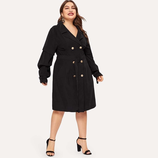 

Plus Notch Collar Gathered Sleeve Buckle Belted Coat