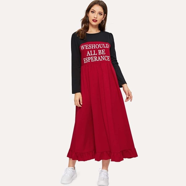 

Letter Print Ruffle Trim Two Tone Dress