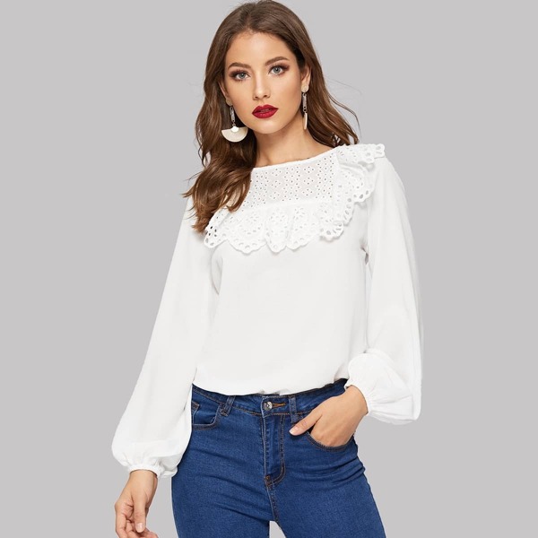 

Bishop Sleeve Eyelet Embroidered Ruffle Yoke Top, White