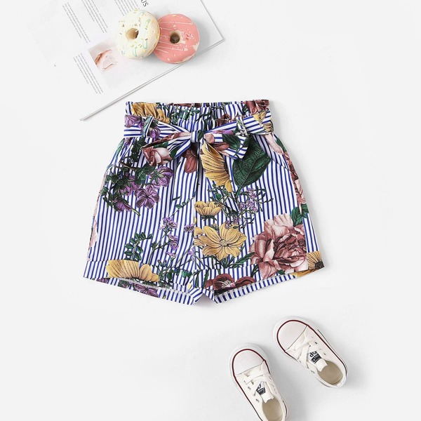 

Girls Self Belted Striped and Floral Shorts