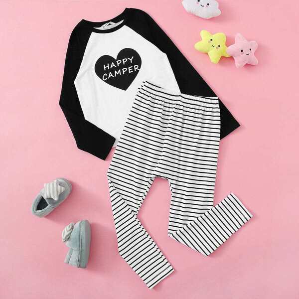 

Girls Raglan Sleeve Letter Tee & Striped Pants Set