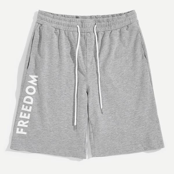

Men Drawstring Waist Letter Heather Grey Shorts
