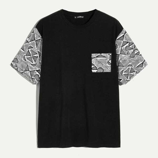 

Men Geo Print Pocket Patched Tee