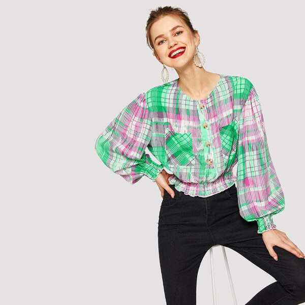 

Pocket Patched Lantern Sleeve Shirred Panel Blouse