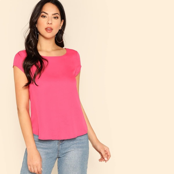 

Cap Sleeve Dip Hem Neon Blouse