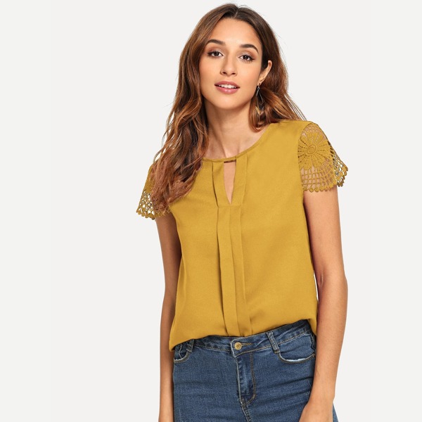 

Guipure Lace Sleeve Keyhole Blouse, Yellow