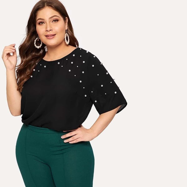 

Plus Pearl Embellished Solid Top, Black