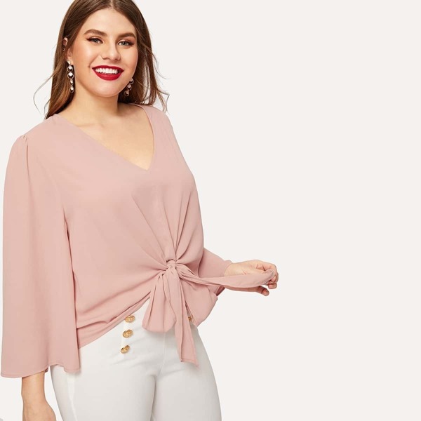 

Plus V Neck Knotted Front Solid Top, Pink