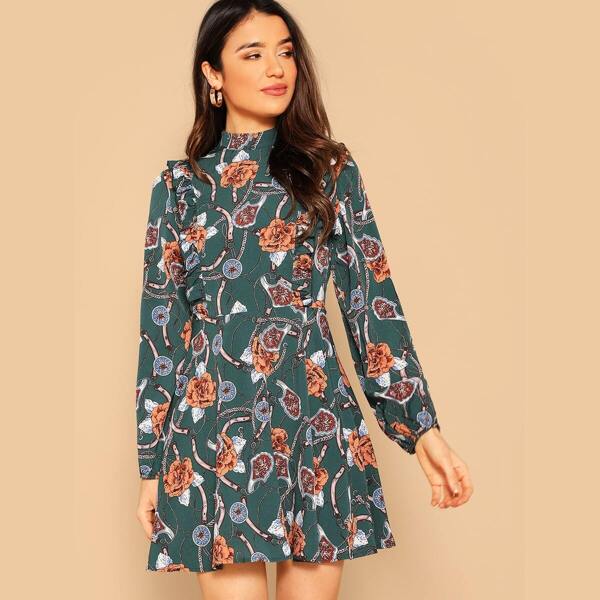 

Mock Neck Ruffle Trim Floral & Chain Print Dress