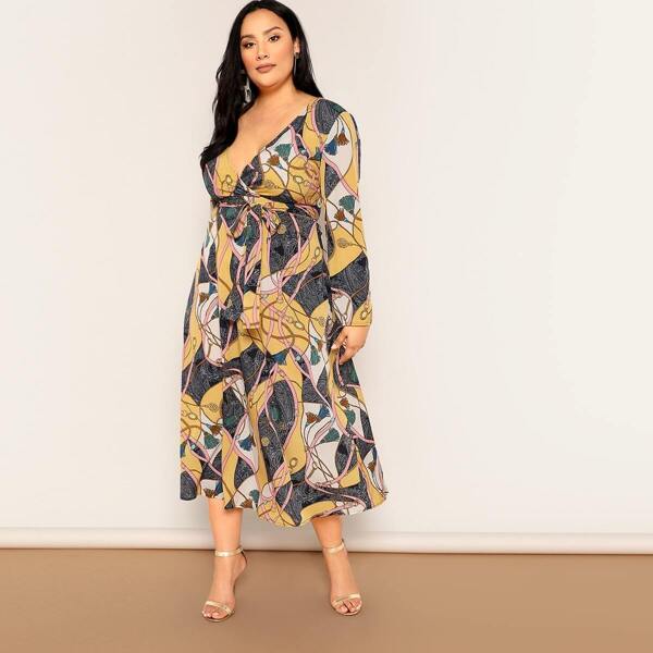 

Plus Equestrian Print Surplice Wrap Belted Dress