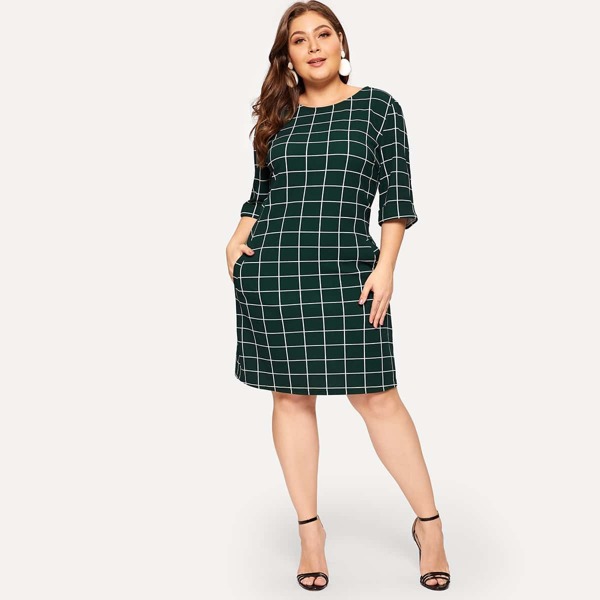 

Plus Zip Back Grid Print Slant Pocket Dress