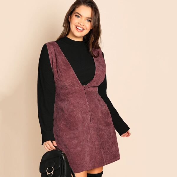 

Plus V-neck Buttoned Cord Overall Dress