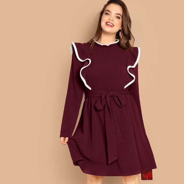 

Plus Keyhole Back Ruffle Belted Dress
