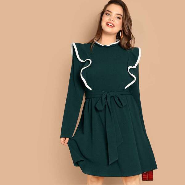 

Plus Ruffle Trim Keyhole Back Belted Dress