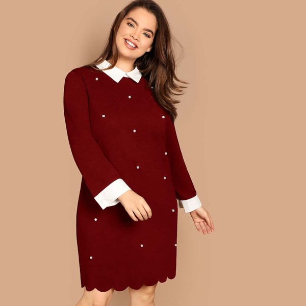 

Plus Pearls Beaded Scallop Hem Collar Dress