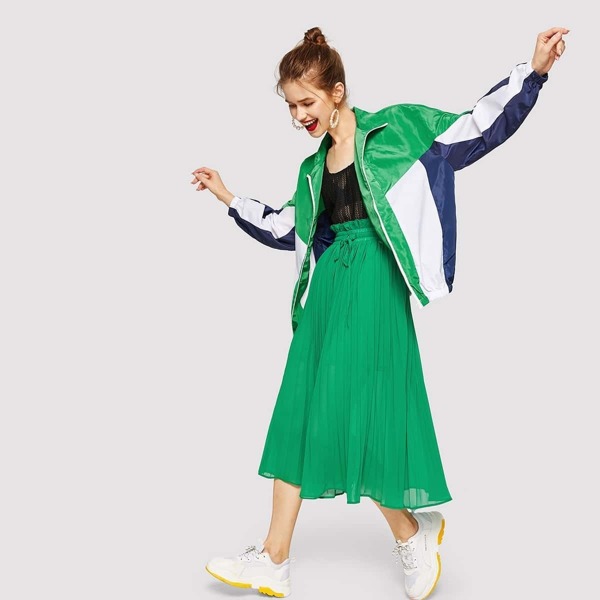 

Zip Up Cut-and-Sew Elastic Hem Jacket, Multicolor