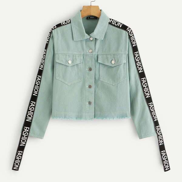 

Lettering Tape Detail Frayed Hem Utility Jacket