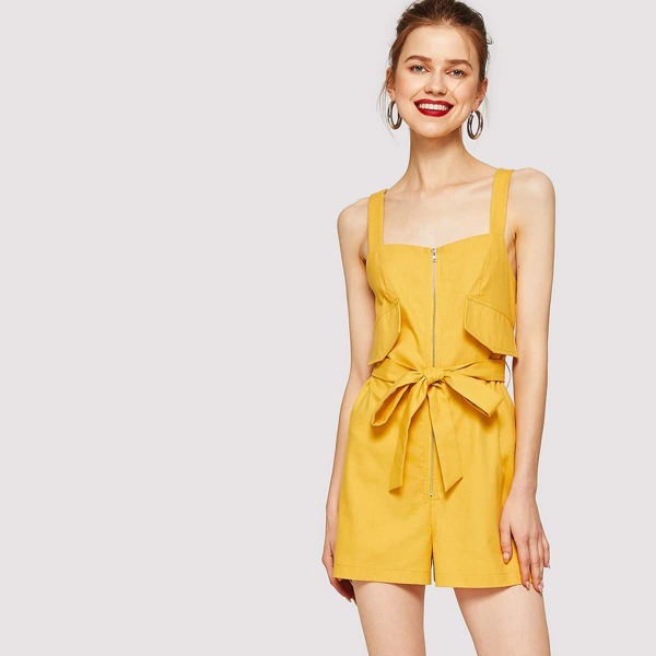 

Solid Zip Up Belted Tank Jumpsuit